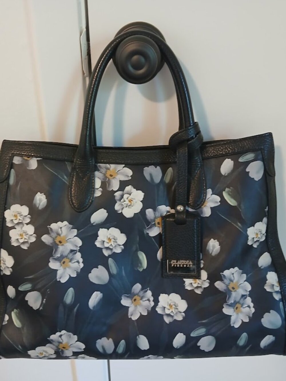 CLAUDIA FIRENZE Leather Handbag Navy White Floral Made in ITALY